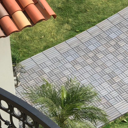 10 Piece Interlocking Deck Tiles Checker Pattern, Square Acacia Hardwood Outdoor Flooring For Patio, Bancony, Pool Side - Light Gray
