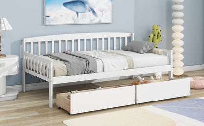 Twin Size Pine Wood Daybed With Two Storage Drawers, Sofa Bed With Bed Platform Of 10 Support Slats - White