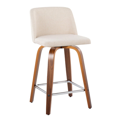 Toriano - Mid-Century Modern Fixed Height Counter Stool With Swivel And Square Footrest (Set of 2) - Walnut / Cream