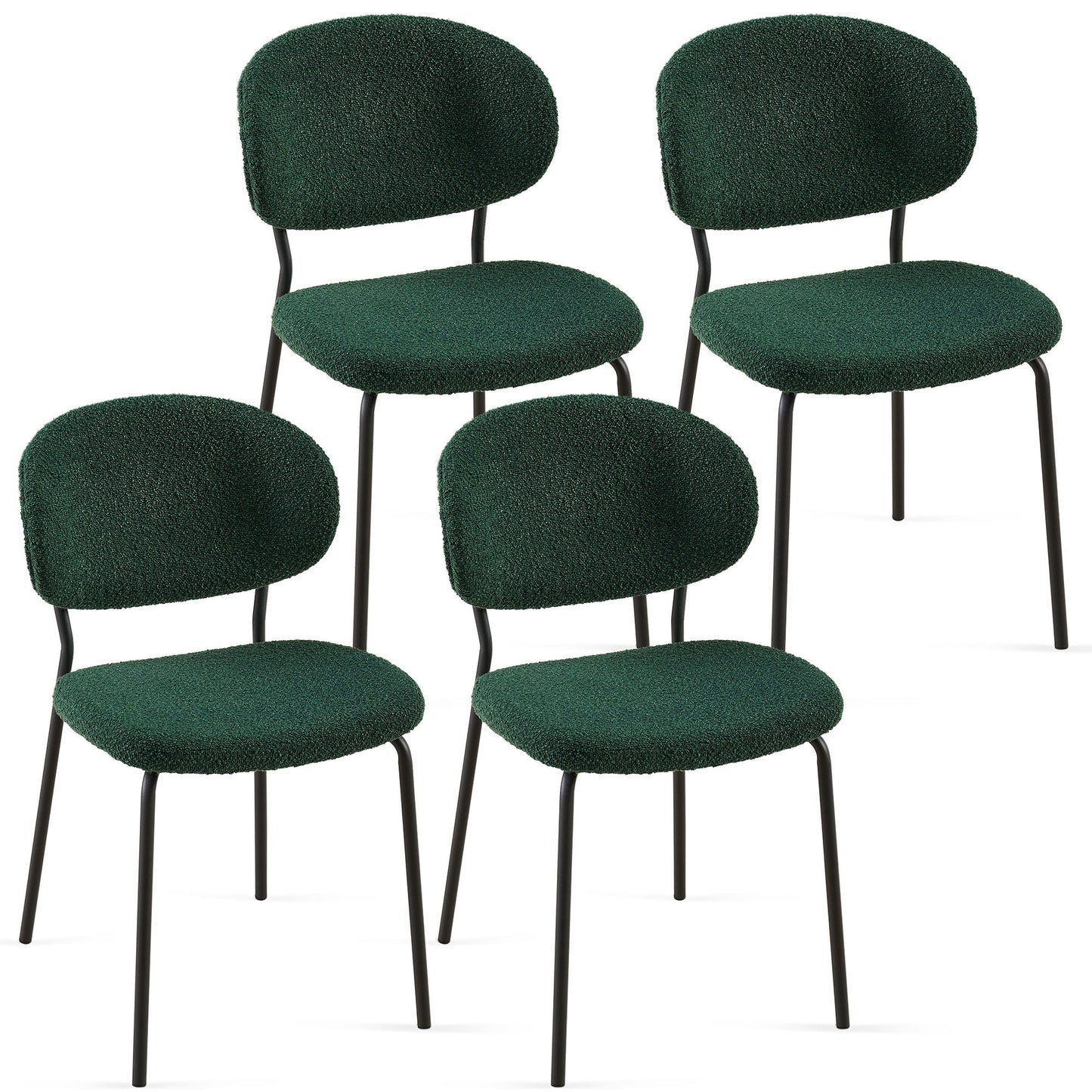 Boucle Dining Chairs, Modern Dining Room Chairs With Black Metal Legs, Armless Kitchen Chair For Dining Room, Living Room (Set of 4) - Dark Green