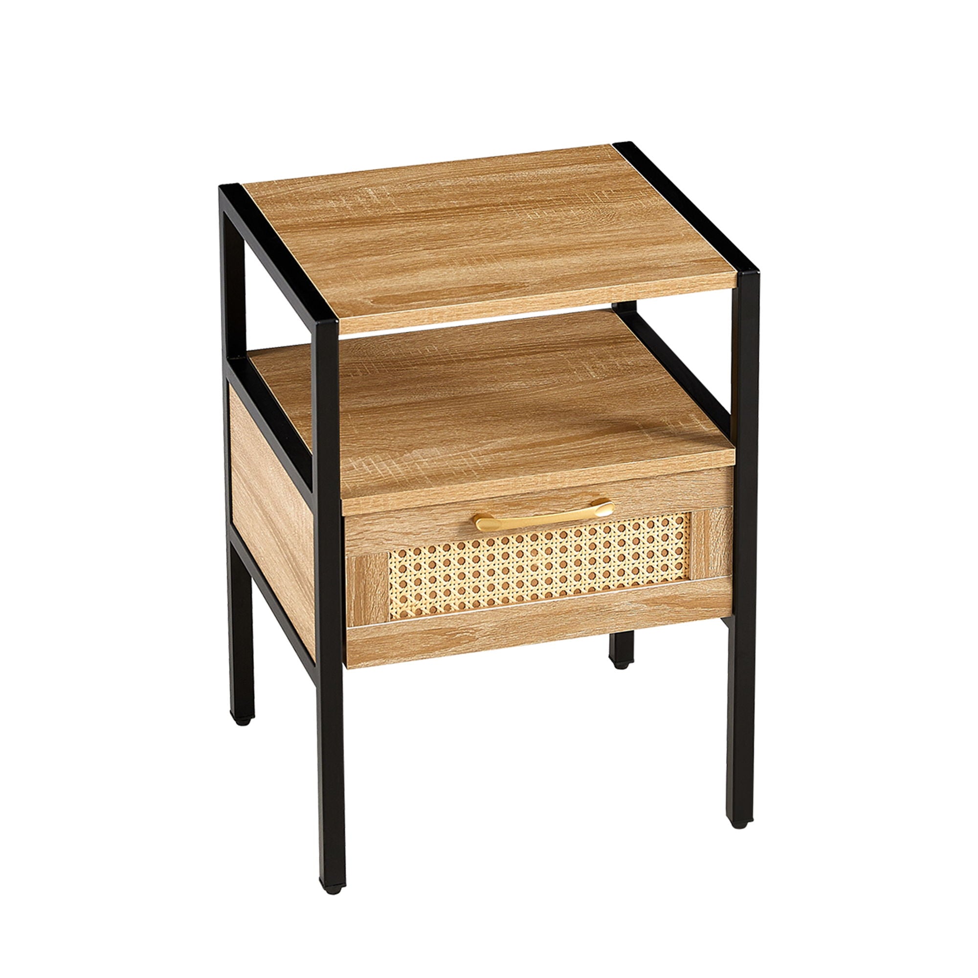 Rattan End Table With Drawer, Modern Nightstand, Metal Legs, Side Table For Living Room, Bedroom - Natural