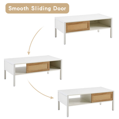 40.16" Rattan Coffee Table, Sliding Door For Storage, Metal Legs, Modern Table For Living Room - White