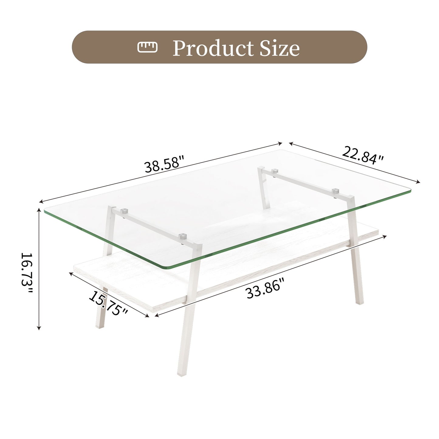 Rectangle Coffee Table, Tempered Glass Tabletop With Metal Legs, Modern Table For Living Room - Transparent / White