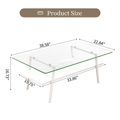 Rectangle Coffee Table, Tempered Glass Tabletop With Metal Legs, Modern Table For Living Room - Transparent / White
