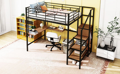 Full Size Loft Bed With Desk And Grid, Stylish Frame With Lateral Storage Ladder And Wardrobe - Black