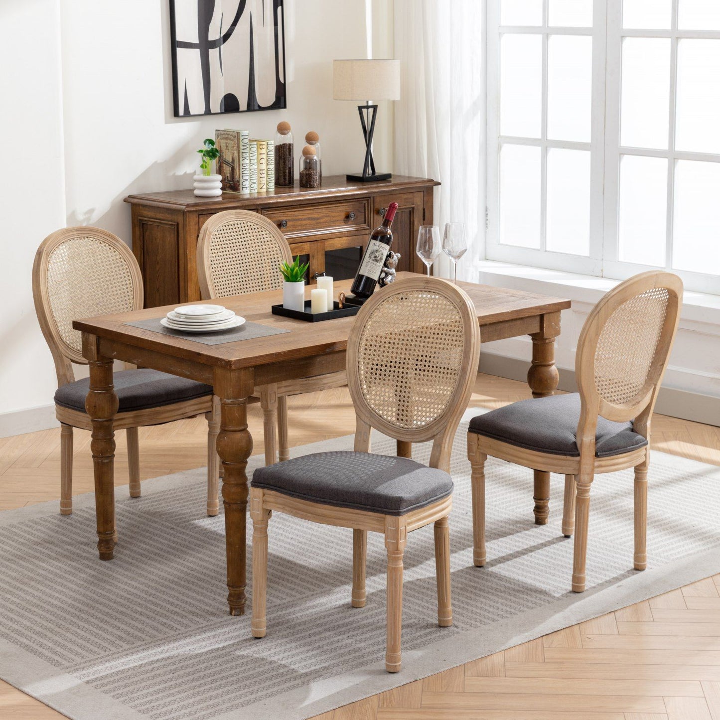 French Style Solid Wood Frame Antique Painting Linen Fabric Rattan Back Dining Chair (Set of 2) - Gray