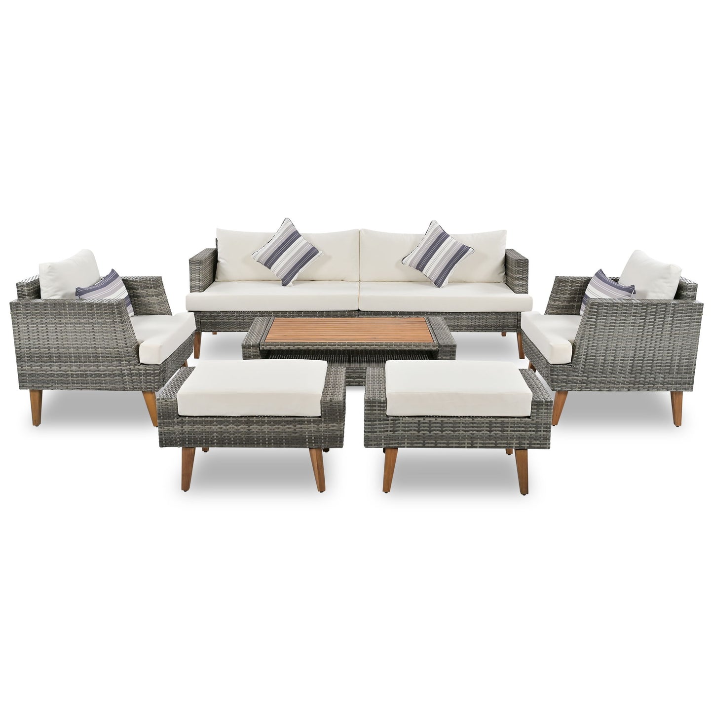 6 Pieces All Weather Sofa Set, Outdoor Rattan Sofa With Double Cushions, Wood Legs Wood Table Top - Beige / Gray