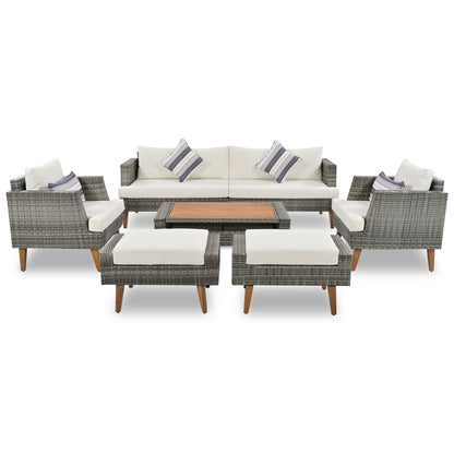 6 Pieces All Weather Sofa Set, Outdoor Rattan Sofa With Double Cushions, Wood Legs Wood Table Top - Beige / Gray