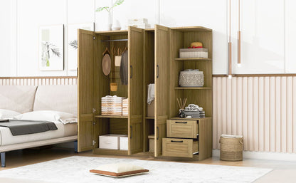 3 Door Storage Wardrobe For Dedroom With Shelves And 2 Drawers, Side Storage Shelves - Nature