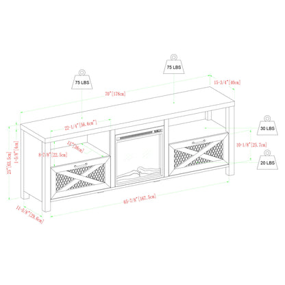 Industrial Farmhouse Metal Mesh Drop Down X Door 70" Fireplace TV Stand For 80" TVs - Rustic Oak