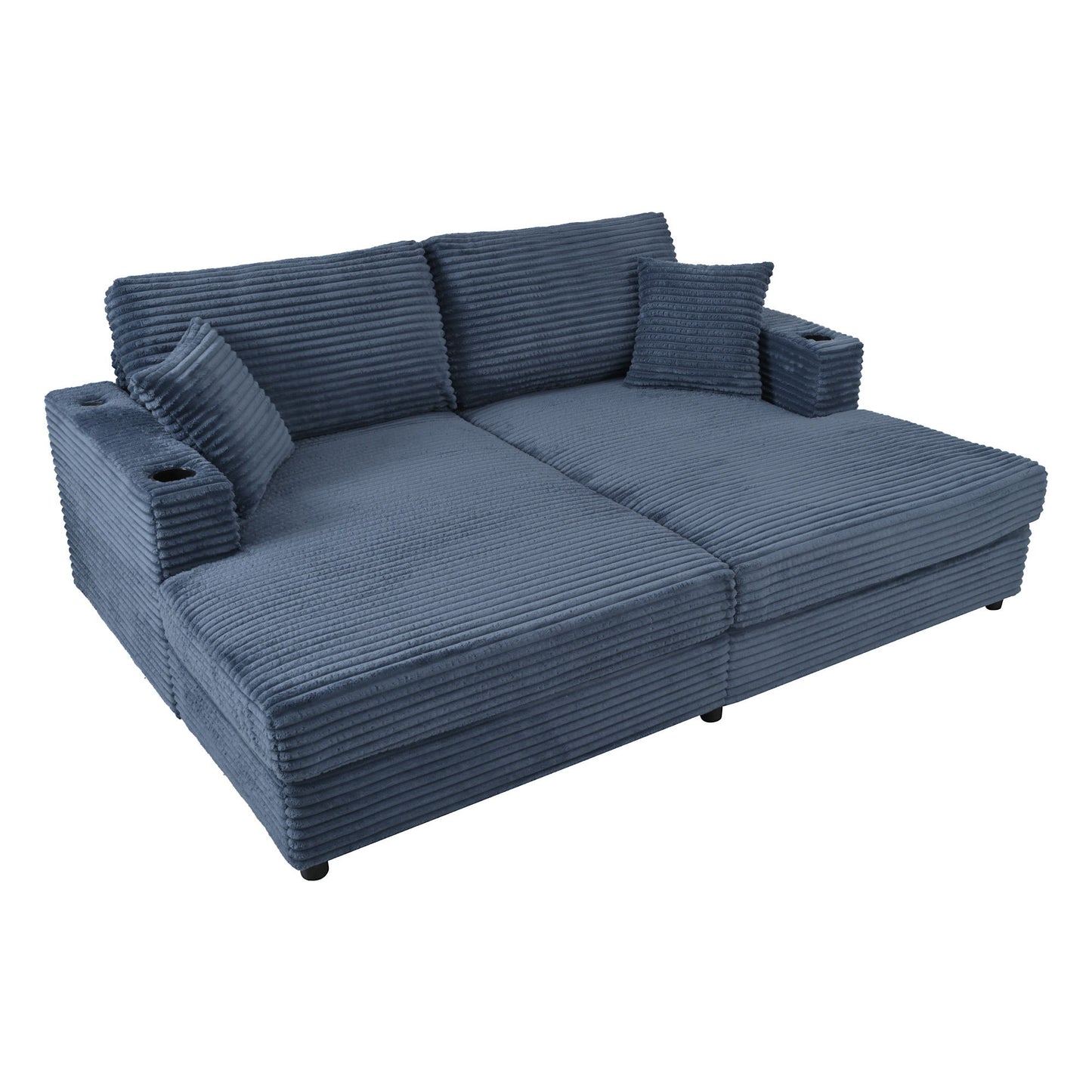 Oversized Loveseat Chaise Lounge Sectional Sofa Bed Corduroy Sleeper Sofa With 2 USB Ports, 2 Cup Holders And 2 Throw Pillows For Living Room And Bedroom - Blue