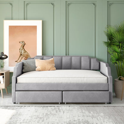 Twin Size Upholstered Classic Daybed With Drawers, Slat Support - Gray