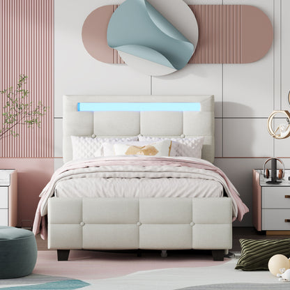 Twin Size Upholstered Platform Bed With LED Frame And 2 Drawers - Beige