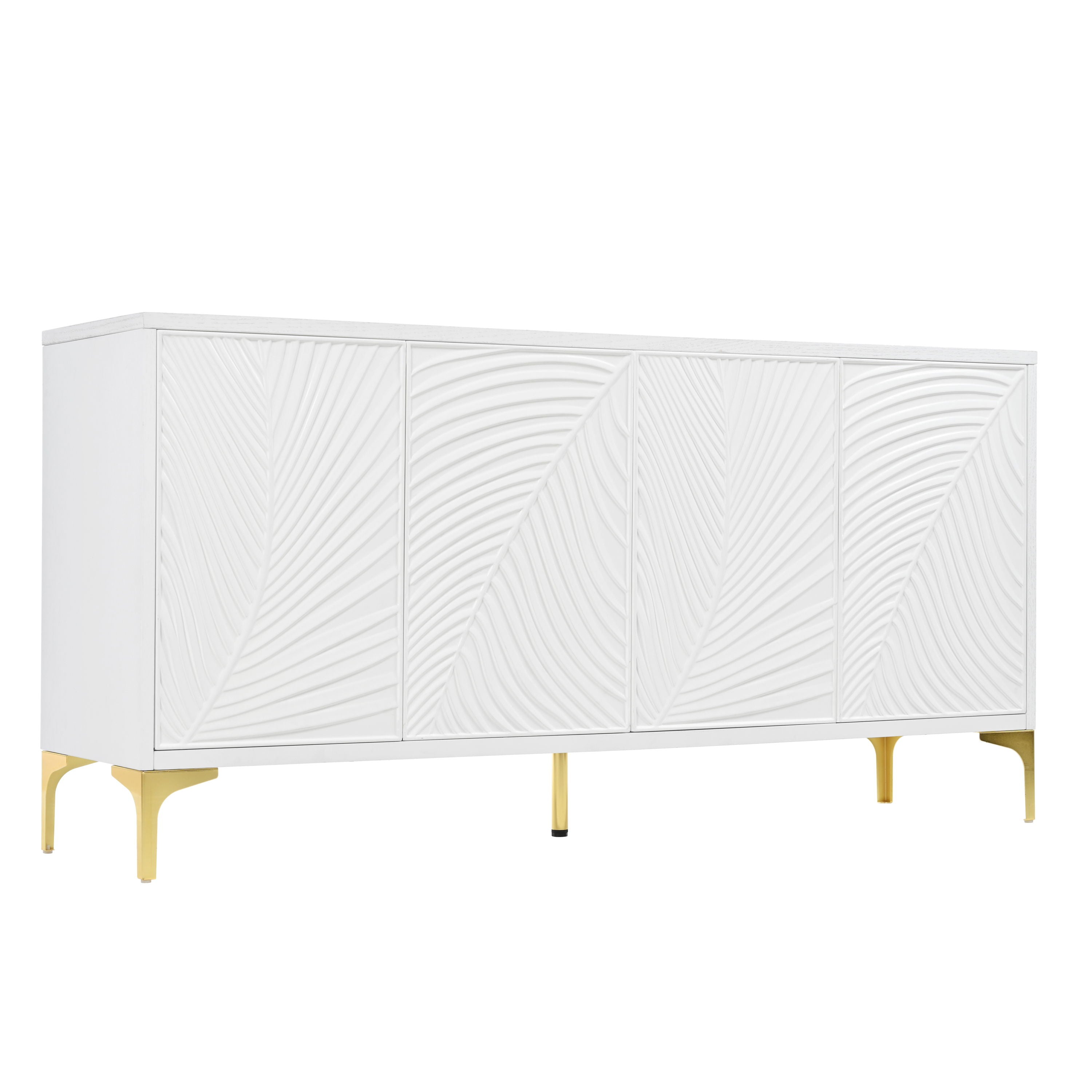 Multi Functional Storage Cabinet, 4 Door Sideboard With Unique Texture, Adjustable Shelves - White
