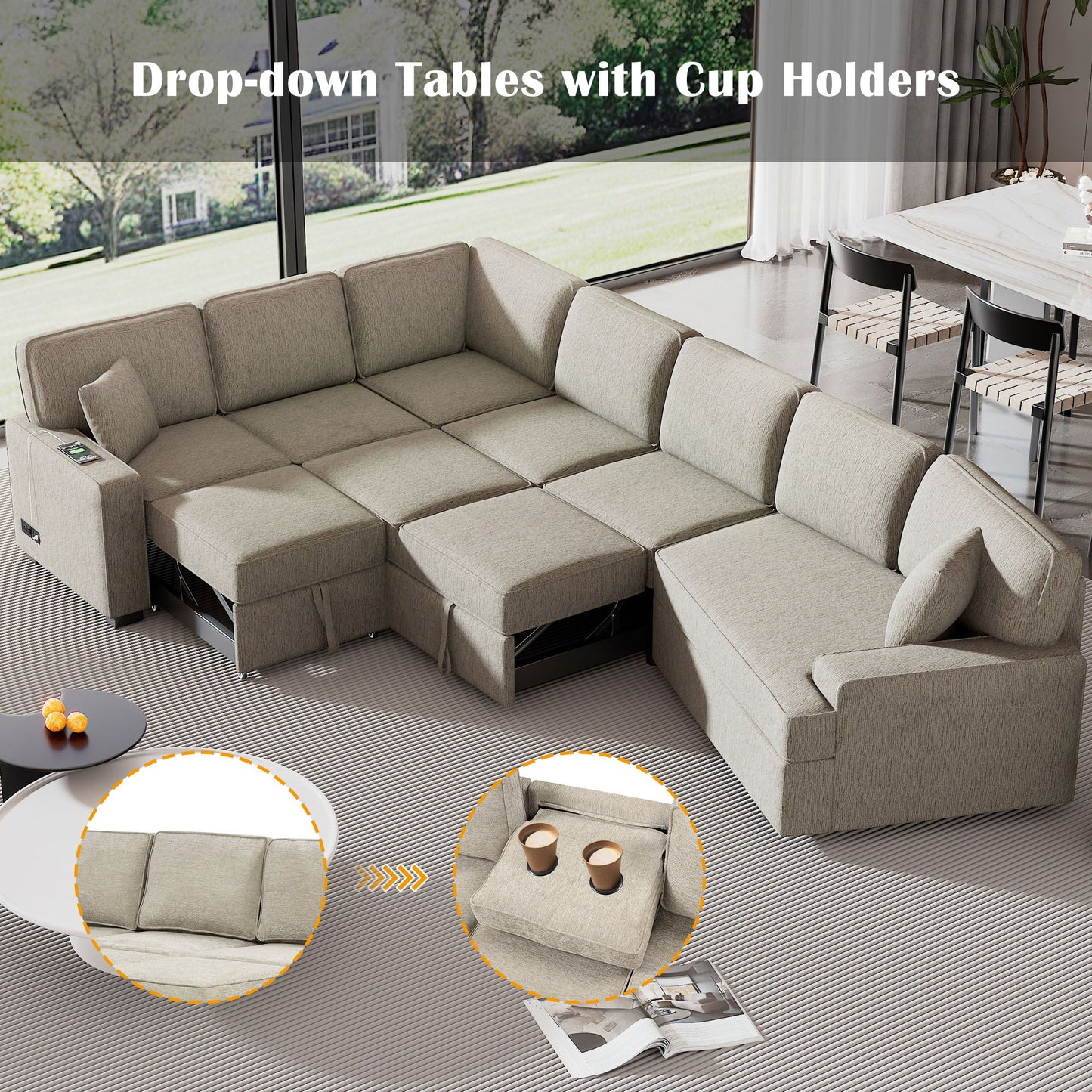 L-Shaped Sofa Sectional Sofa Couch Pull-Out Sofa Bed With Charging Devices And Cup Holders For Living Room - Beige
