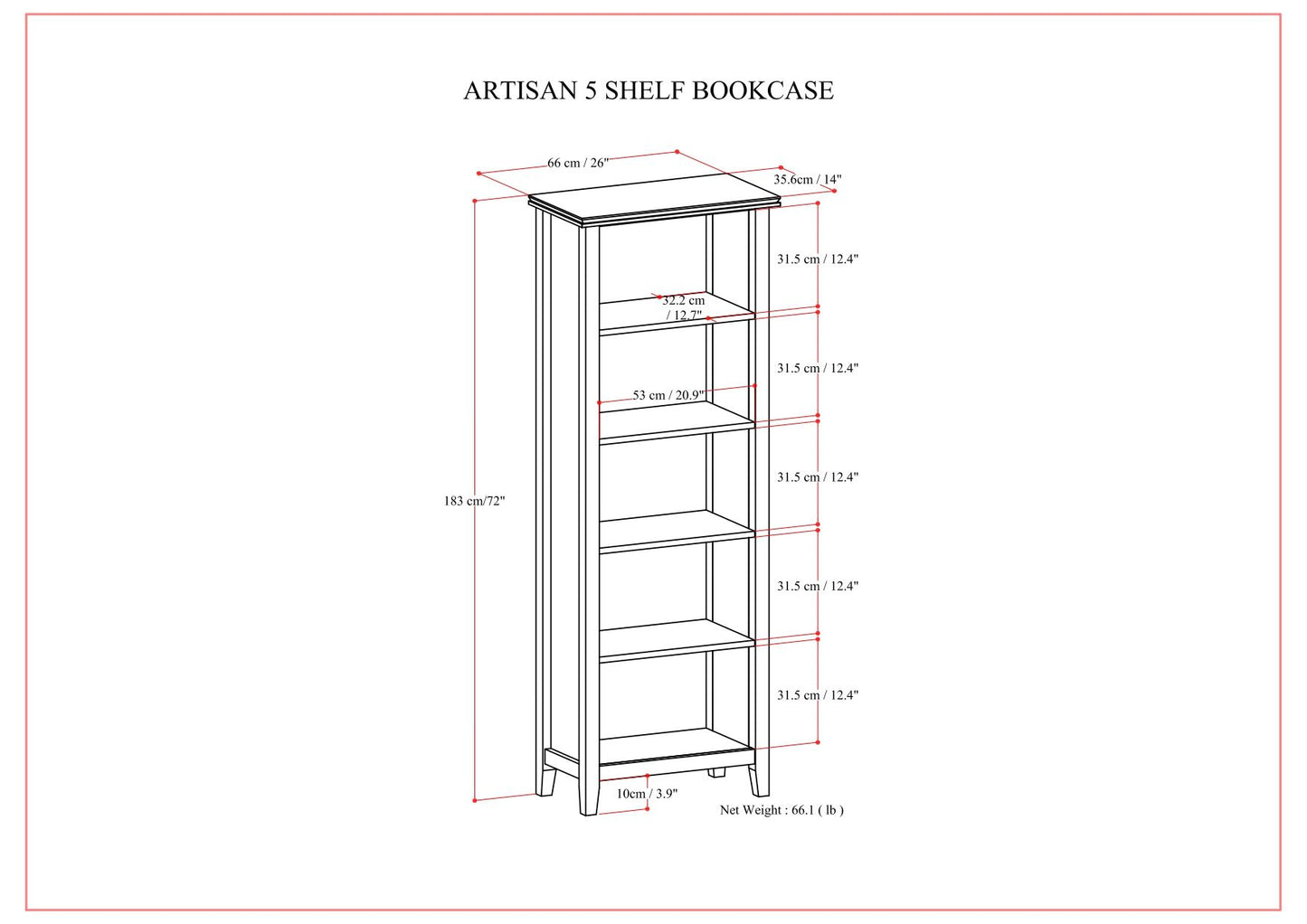 Artisan - 5 Shelf Bookcase - Russet Brown