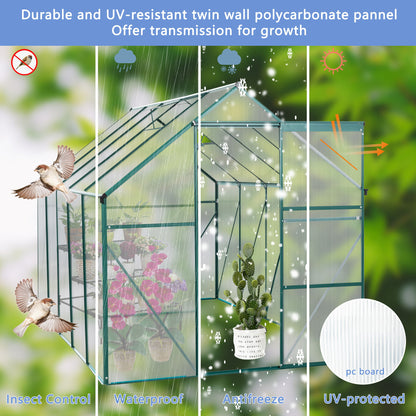 6X10Ft Polycarbonate Greenhouse Raised Base And Anchor Aluminum Heavy Duty Walk-In Greenhouses For Outdoor Backyard In All Season - Green