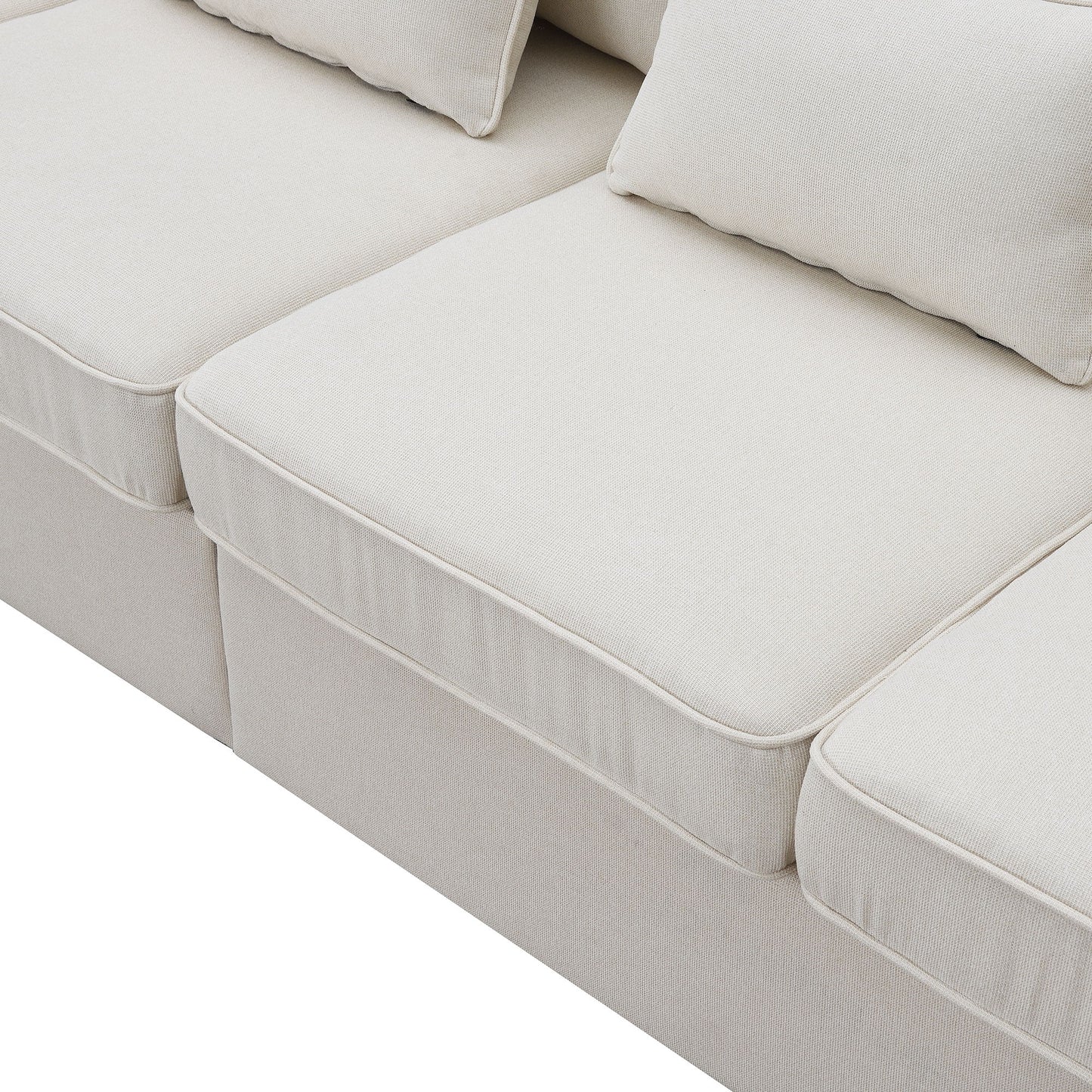 4 Seater Modern Linen Sofa With Armrest Pockets And 4 Pillows, Minimalist Style Couch - Beige