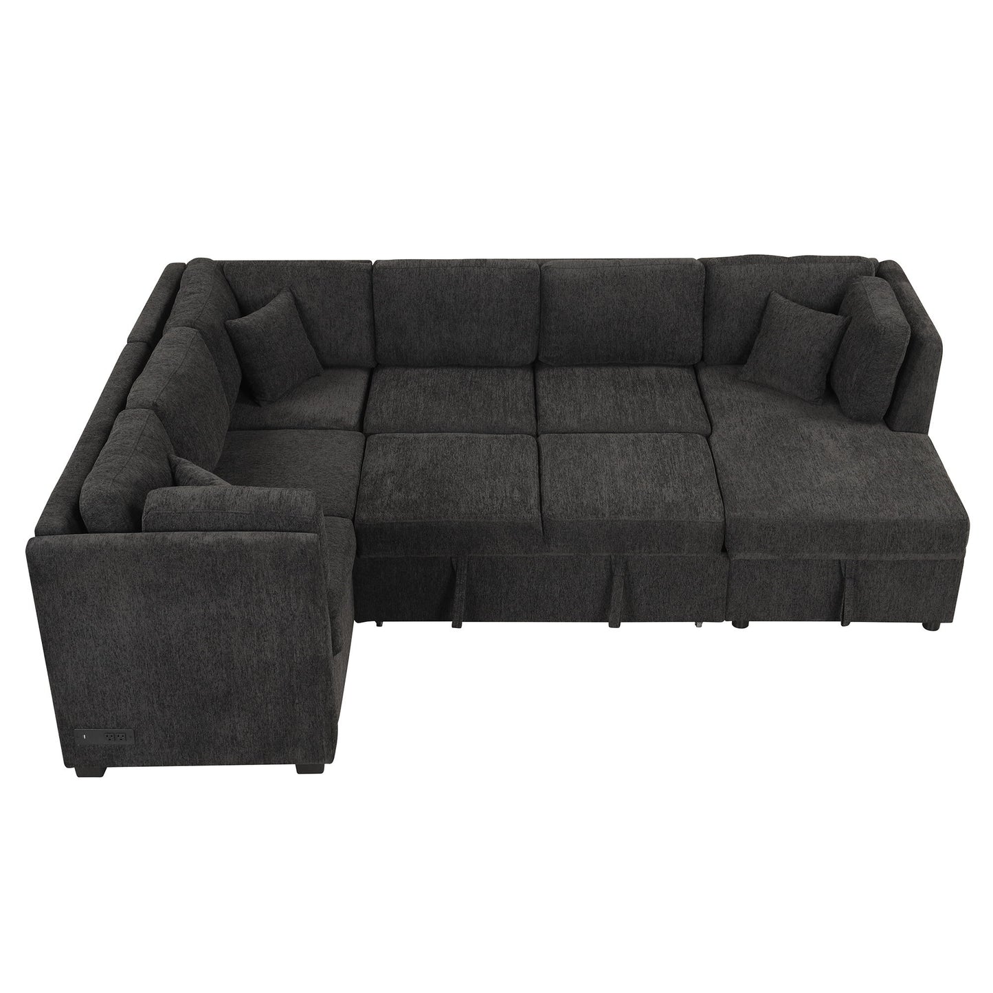 U-Shaped Sectional Sofa Pull Out Sofa Bed With Two USB Ports, Two Power Sockets, Three Back Pillows And A Storage Chaise For Living Room - Black