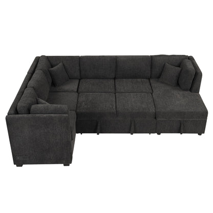U-Shaped Sectional Sofa Pull Out Sofa Bed With Two USB Ports, Two Power Sockets, Three Back Pillows And A Storage Chaise For Living Room - Black