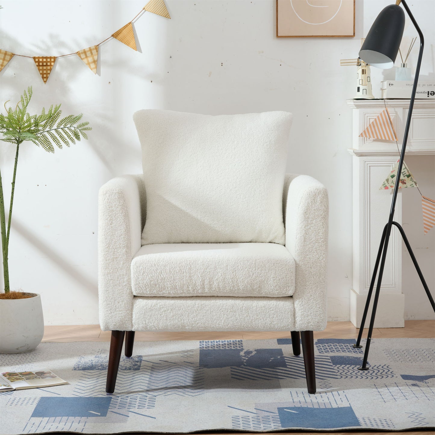 Modern Teddy Fabric Accent Chair - Mid - Century Upholstered Armchair With Pillow And Wood Legs For Living Room, Or Reception Room - White