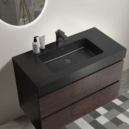 Alice - 36" Bathroom Vanity With Sink, Large Storage Wall Mounted Floating Bathroom Vanity For Modern Bathroom, One-Piece Sink Basin Without Drain And Faucet - Walnut / Black