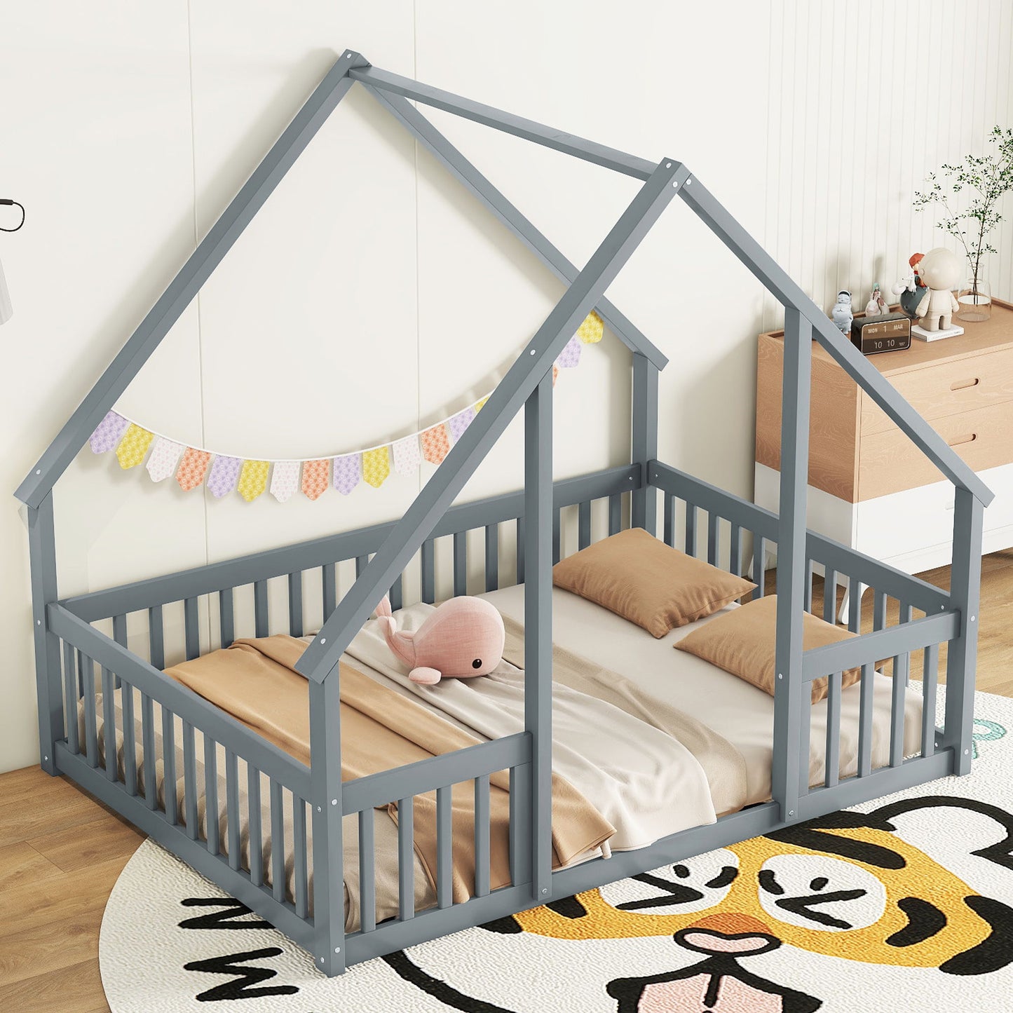 Full Wood House-Shaped Floor Bed With Fence, Guardrails - Gray
