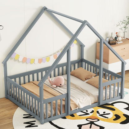 Full Wood House-Shaped Floor Bed With Fence, Guardrails - Gray