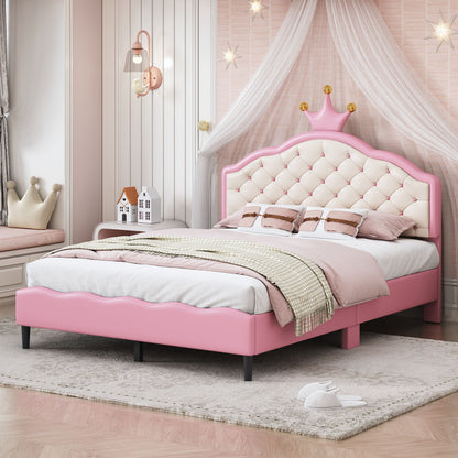 Full Size Lovely Crown Fantasy Leather Princess Bed With Tufted Headboard - Pink / Cream