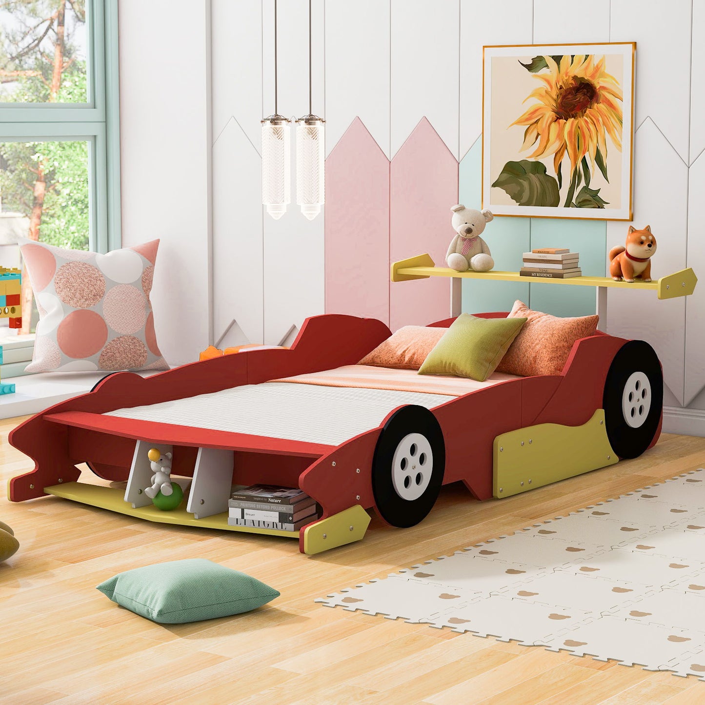 Full Size Race Car Shaped Platform Bed With Wheels - Red