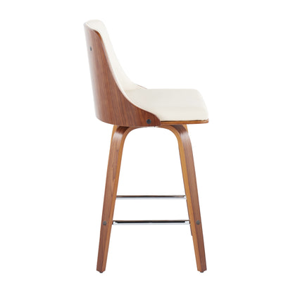 Gianna - Mid-Century Modern Fixed Height Counter Stool With Swivel With Square Footrest (Set of 2) - Walnut / Light Cream