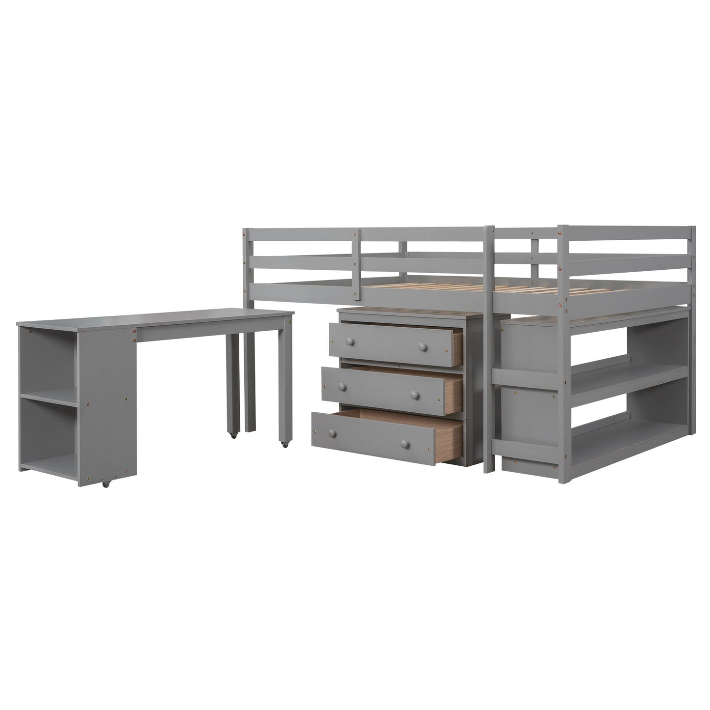 Full Loft Low Study Bed With Cabinet, Shelves And Rolling Portable Desk, Multiple Functions- Gray