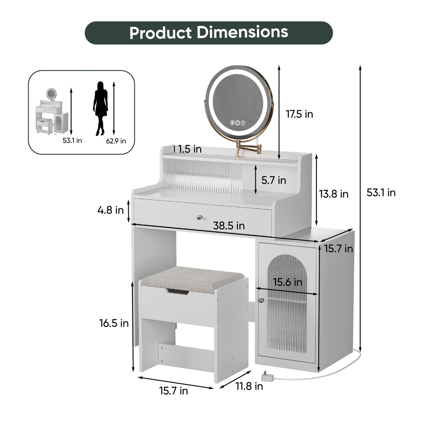 White Vanity Desk With 360ÔøΩÔøΩ Rotated Mirror And Adjustable Lights, Girls Makeup Vanity Table With Storage Chair And Side Cabinet - Antique White