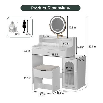 White Vanity Desk With 360ÔøΩÔøΩ Rotated Mirror And Adjustable Lights, Girls Makeup Vanity Table With Storage Chair And Side Cabinet - Antique White