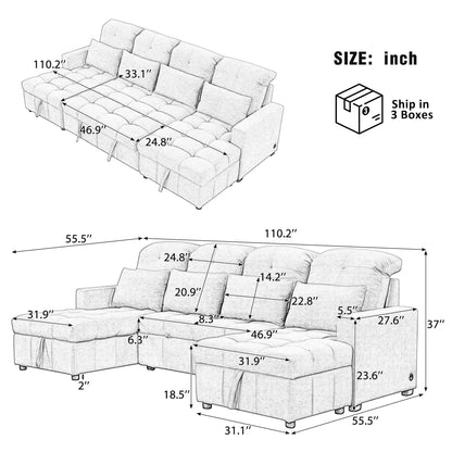 Oversized U - Shaped Sofa Versatile Sectional Sofa Pull Out Sofa Bed With Double Storage Chaise Lounges And 2 USB Ports For Living Room - Beige
