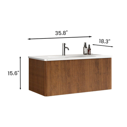 Etna - Striped Walnut Bathroom Vanity With Ceramic Sink, Wall Mounted Floating Bathroom Vanity For Modern Bathroom - Walnut / White