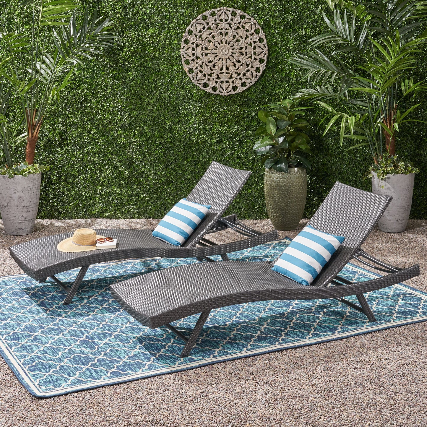 Wicker Chaise With Adjustable Reclining Seats (Set of 2) - Gray