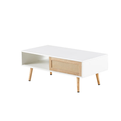 41.34" Rattan Coffee Table, Sliding Door For Storage, Solid Wood Legs, Modern Table For Living Room - White