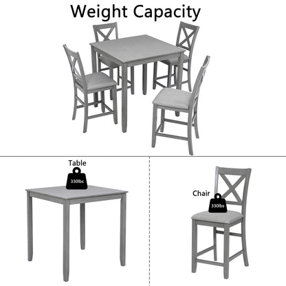 5 Piece Dining Table Set, Wooden Dining Square Table Set For 4, Counter Height Kitchen Table Set With Square Table And 4 Upholstered Chairs For Small Space - Gray
