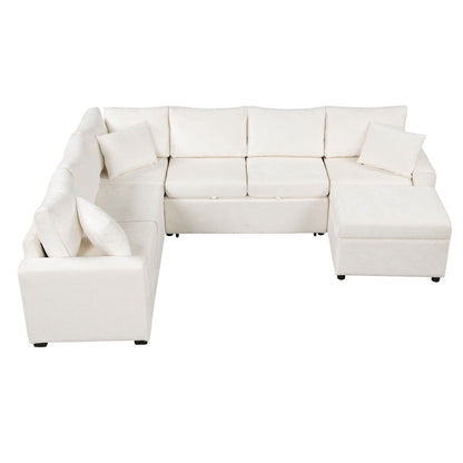 Sectional Sofa Pull-Out Sofa Bed Sleeper With A Storage Ottoman, Three Pillows And Charging Devices For Living Room - Cream