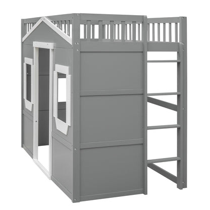 Twin Size House Loft Bed With Ladder - Gray / White