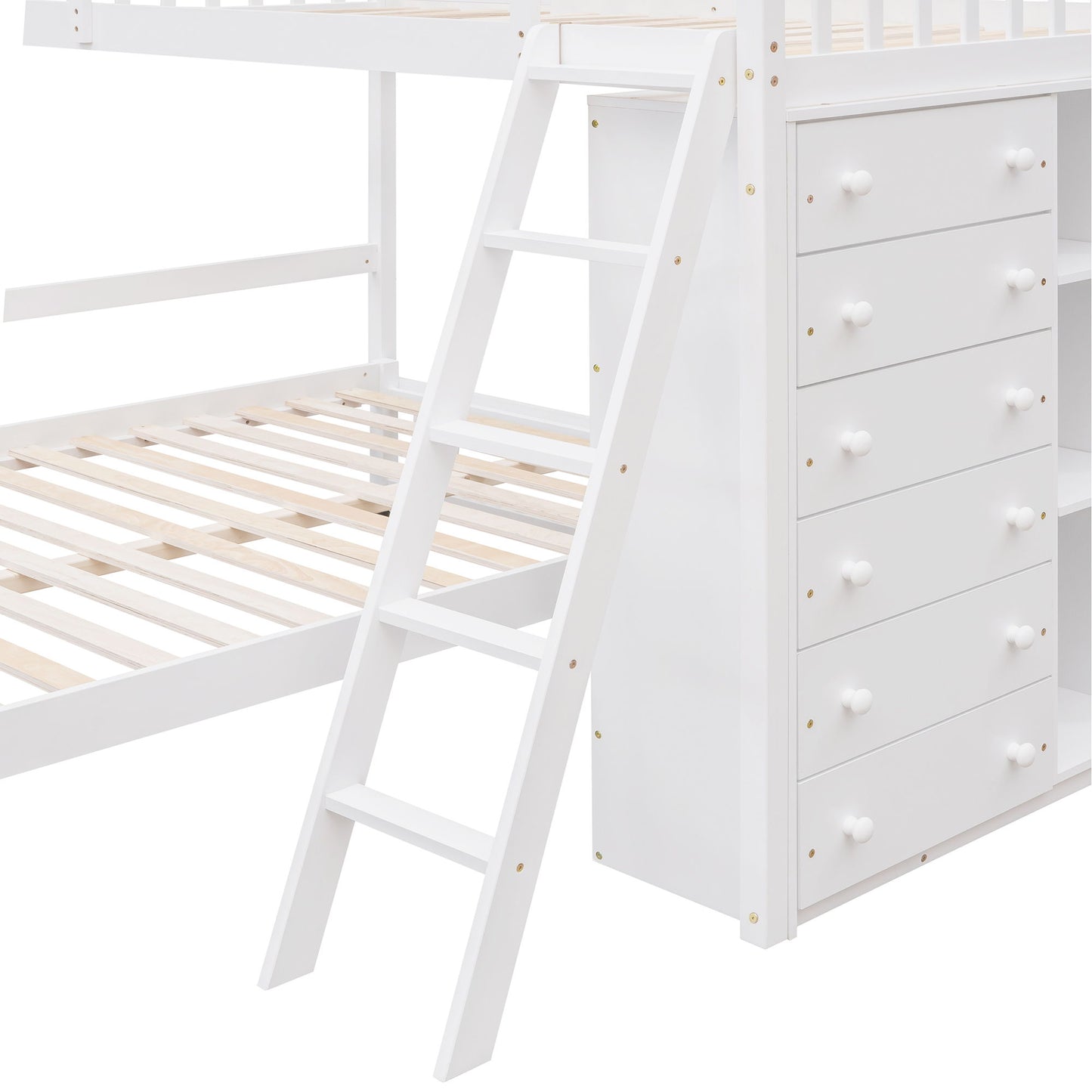 Twin Over Full Bunk Bed With 6 Drawers And Flexible Shelves, Bottom Bed With Wheels - White