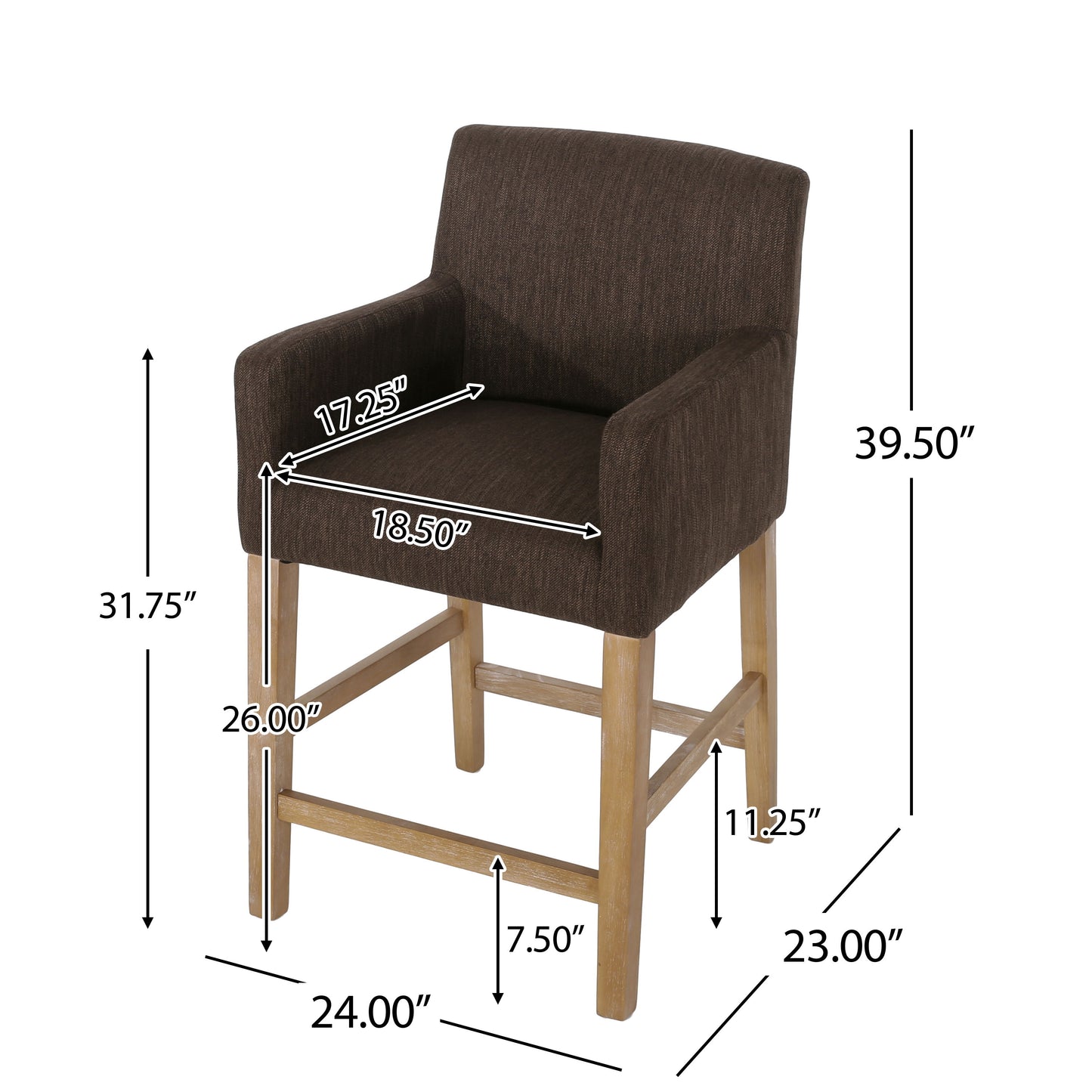 Charmed Upholstered Counter Stool With H Frame Base And Round Arms - Brown