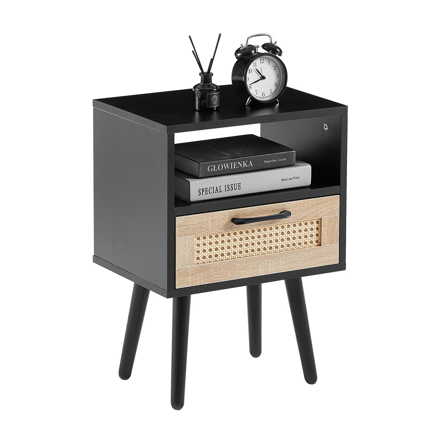 15.75" Rattan End Table With Drawer And Solid Wood Legs, Modern Nightstand, Side Table For Living Room, Bedroom - Black