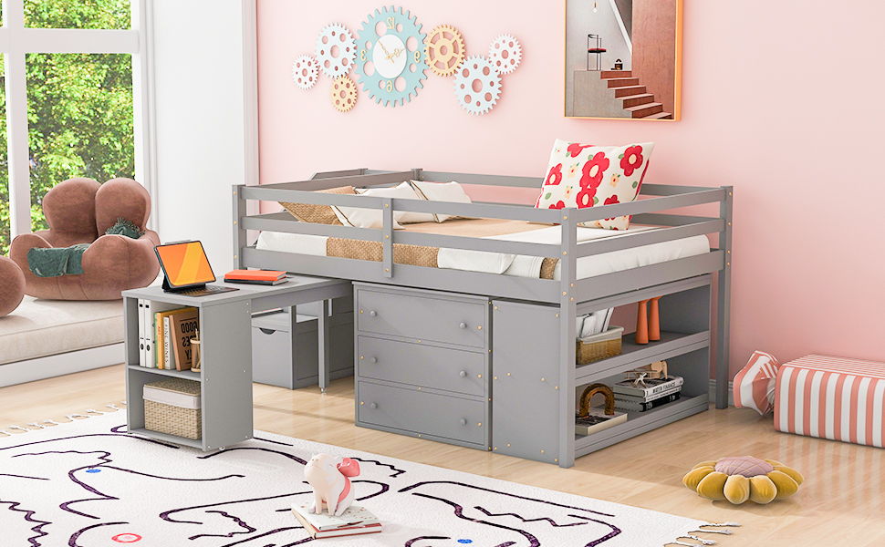 Full Size Loft Bed With Retractable Writing Desk And 3 Drawers With Storage Stairs And Shelves - Gray