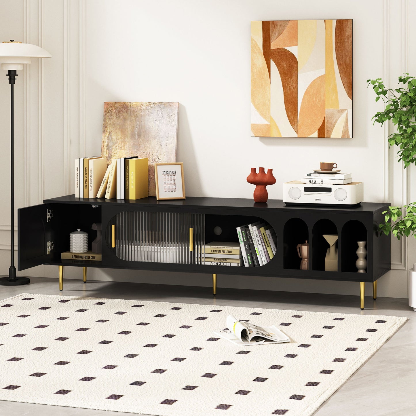 Modern TV Stand For Up To 70" TV, Entertainment Center TV Media Console Table, With 3 Shelves And 2 Cabinets, TV Console Cabinet Furniture For Living Room - Black