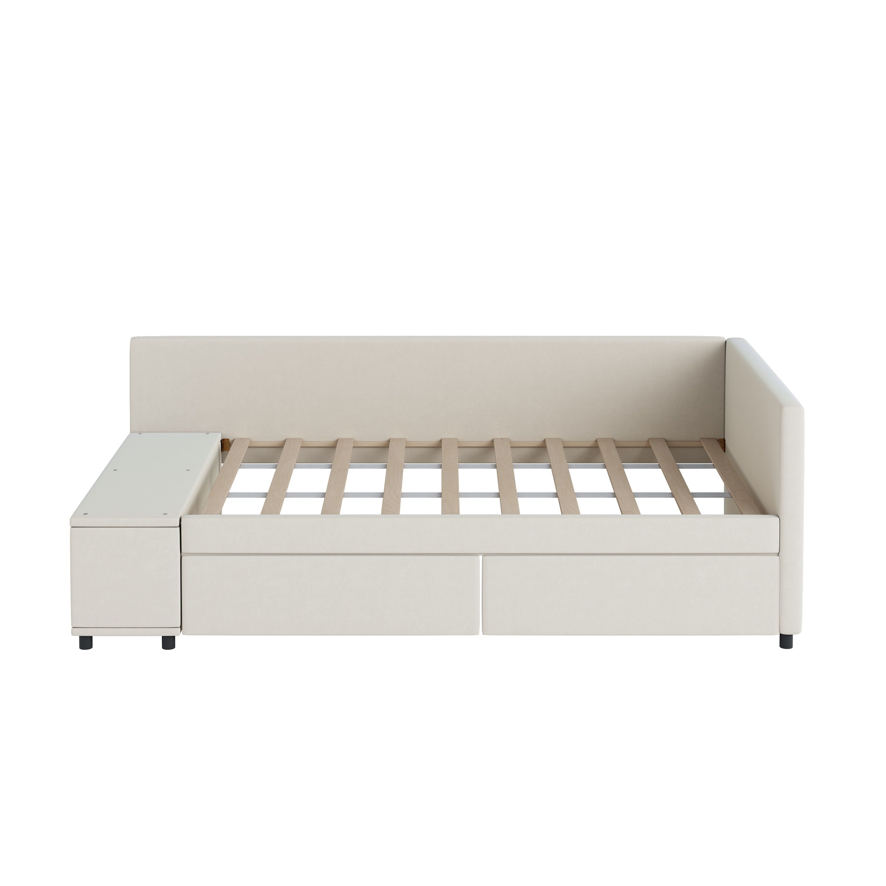 Twin L Shaped Upholstered Platform Bed With Storage And Drawers - Beige