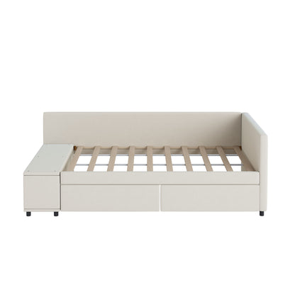 Twin L Shaped Upholstered Platform Bed With Storage And Drawers - Beige