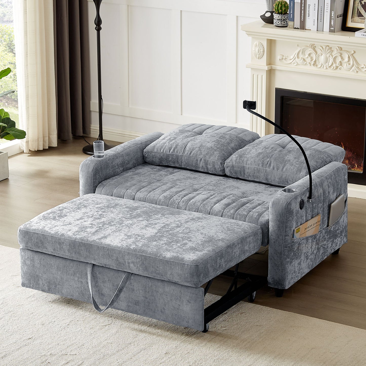 Modern Loveseat Pull Out Sofa Bed With Adjustable Backrest, Two Cup Holders, A Phone Holder, Three Charging Ports And Side Storage Pockets For Living Room - Gray