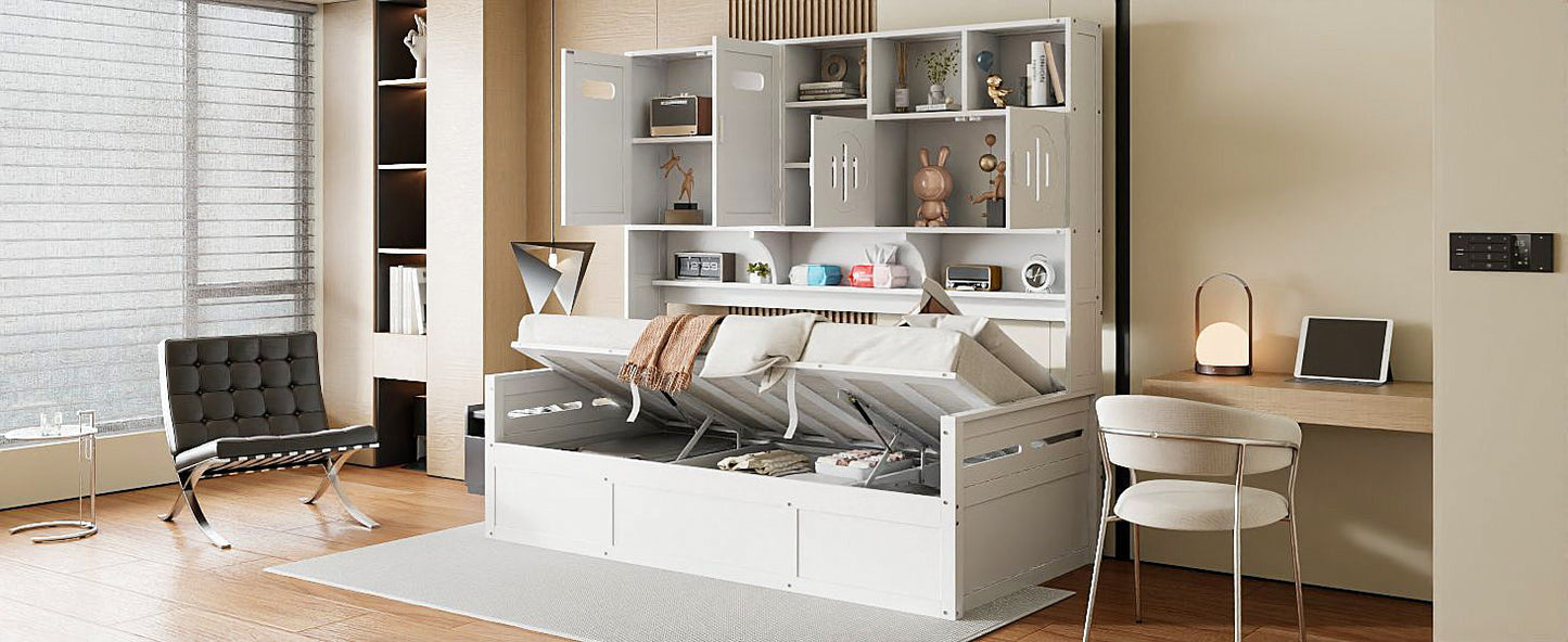 Twin Size Wooden Daybed With Hydraulic Bed And All In One Cabinet And Shelf - White